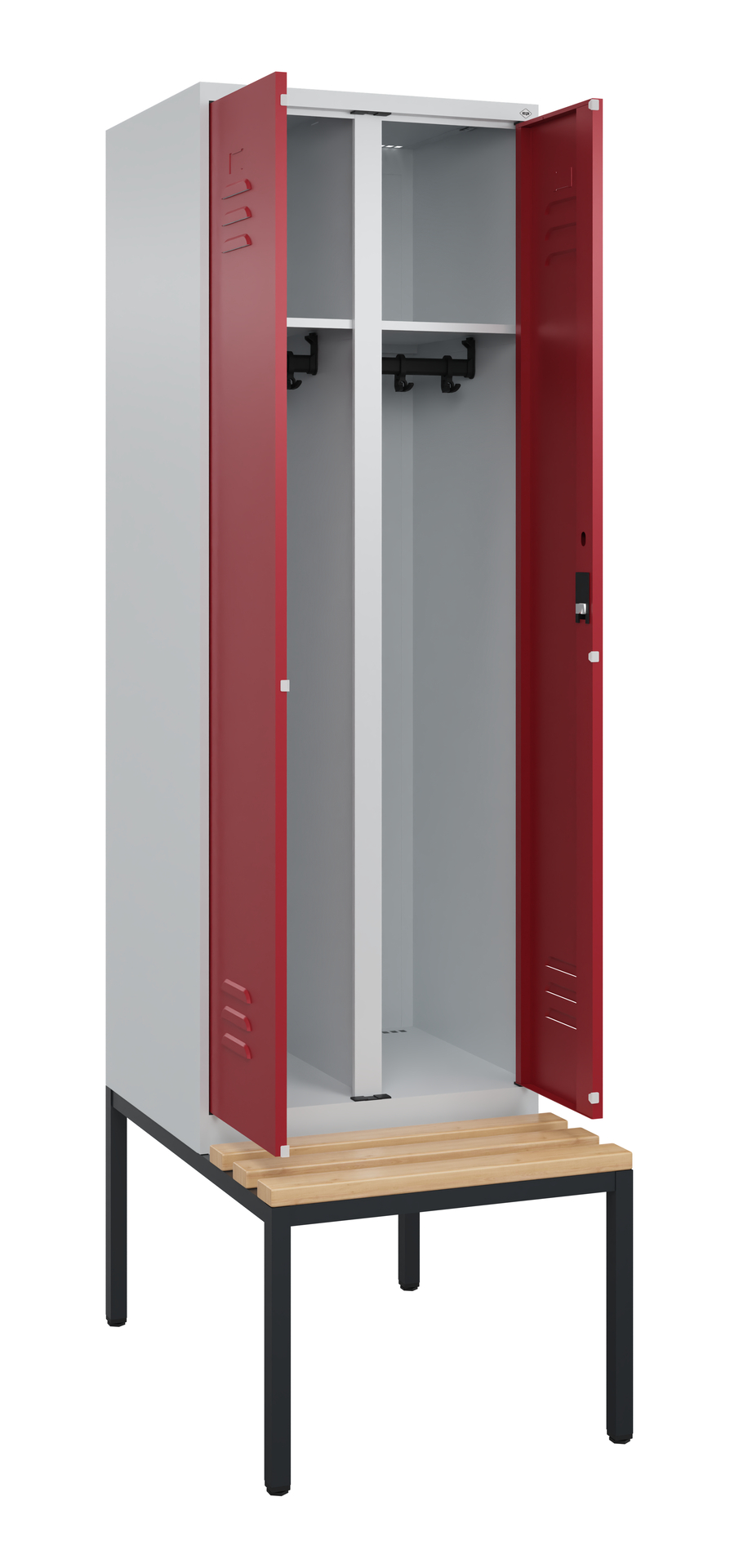 Metallspind steht offen auf Holzbank im weißen Hintergrund.