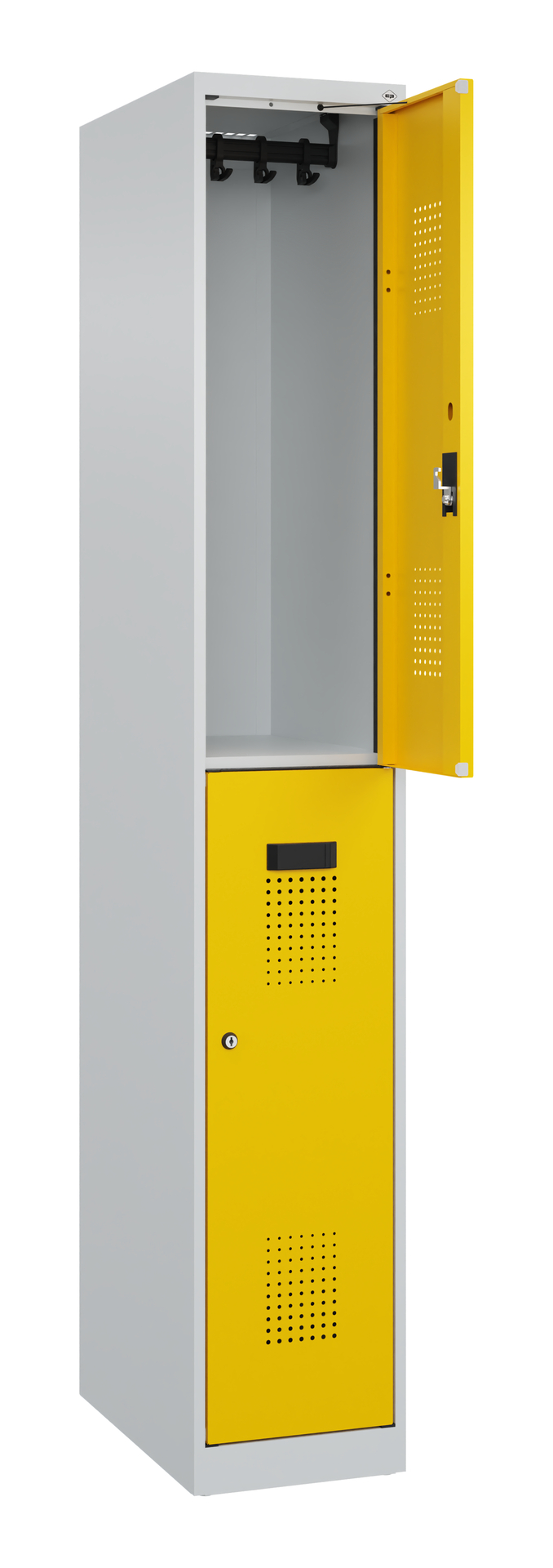 Stahlschrank mit gelber Tür halb geöffnet in leerem Raum.
