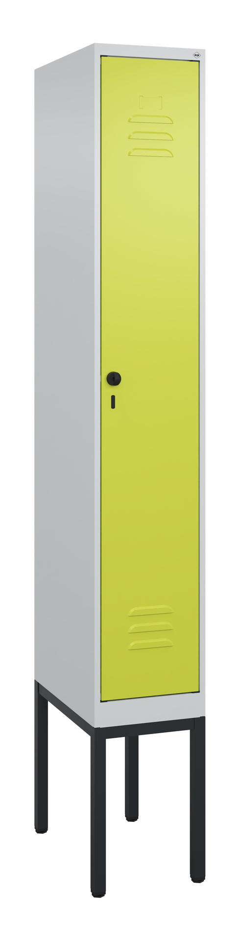 Metallspind mit gelber Tür steht auf Metallbeinen in weißem Raum.