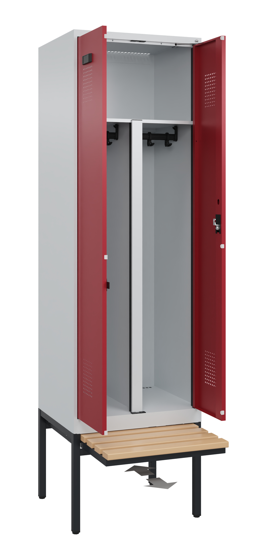 C+P PSA Schwarz-Weiß-Spind Evolo PLUS, Bank, 2 Abteile, 2120x600x815mm
