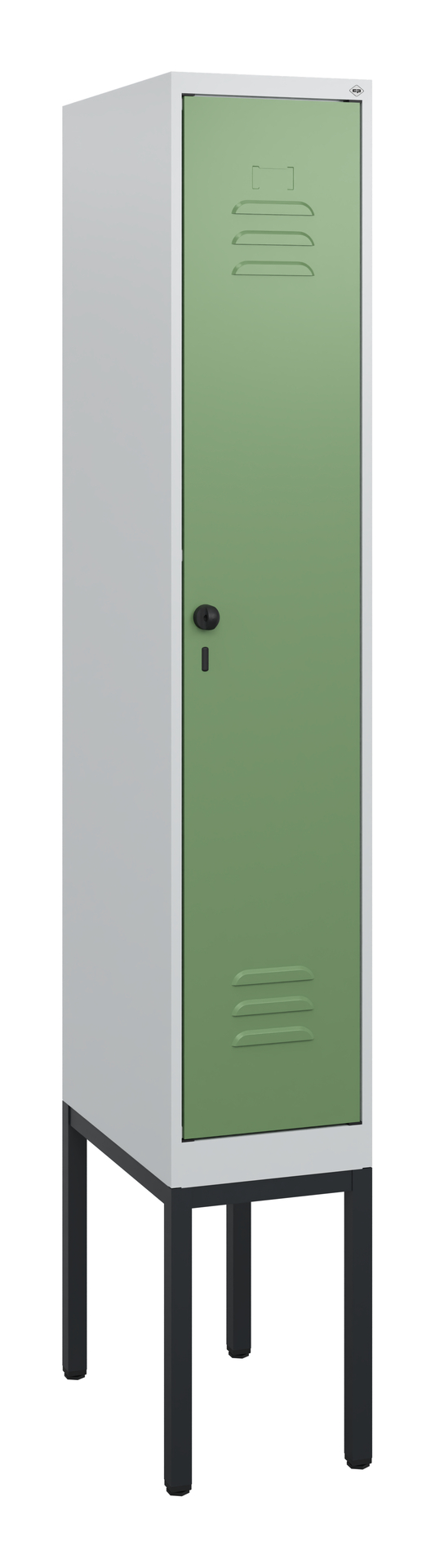 Metallspind steht auf schwarzen Beinen im weißen Hintergrund.