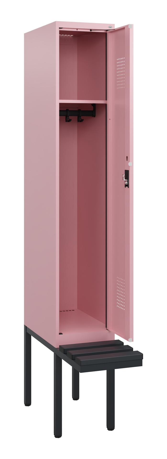 Rosa Spindschrank offen mit Regal, auf schwarzem Metallgestell, vor weißem Hintergrund.