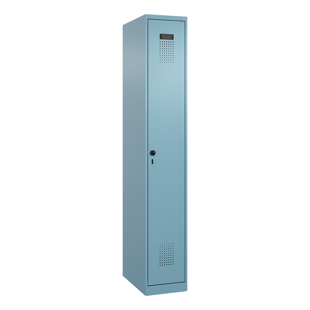 Blauer Metallspind steht vor weißem Hintergrund.