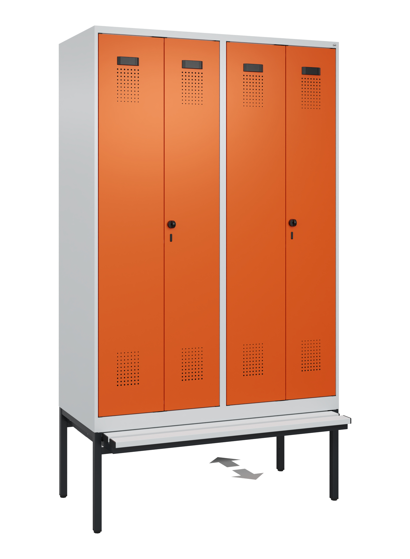 C+P PSA Schwarz-Weiß-Spind Evolo PLUS, Bank, 4 Abteile, 2120x1200x815mm