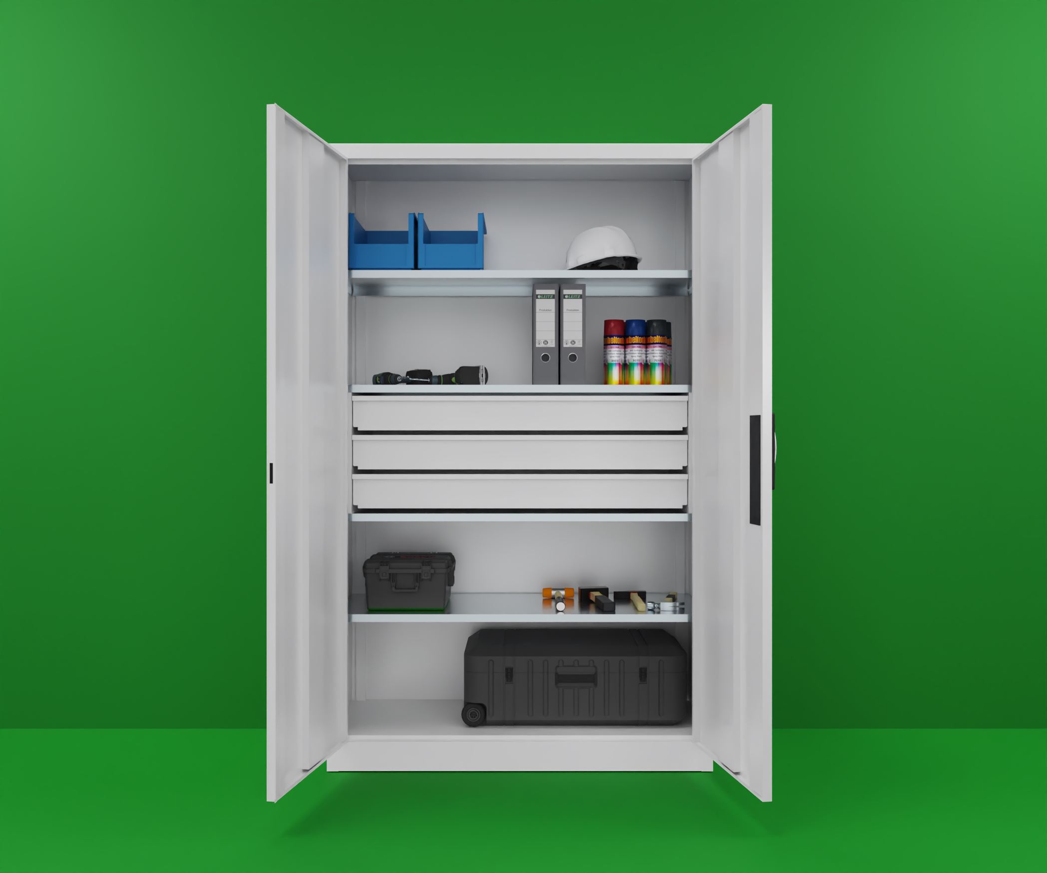 Armoire à outils à portes battantes avec tiroirs