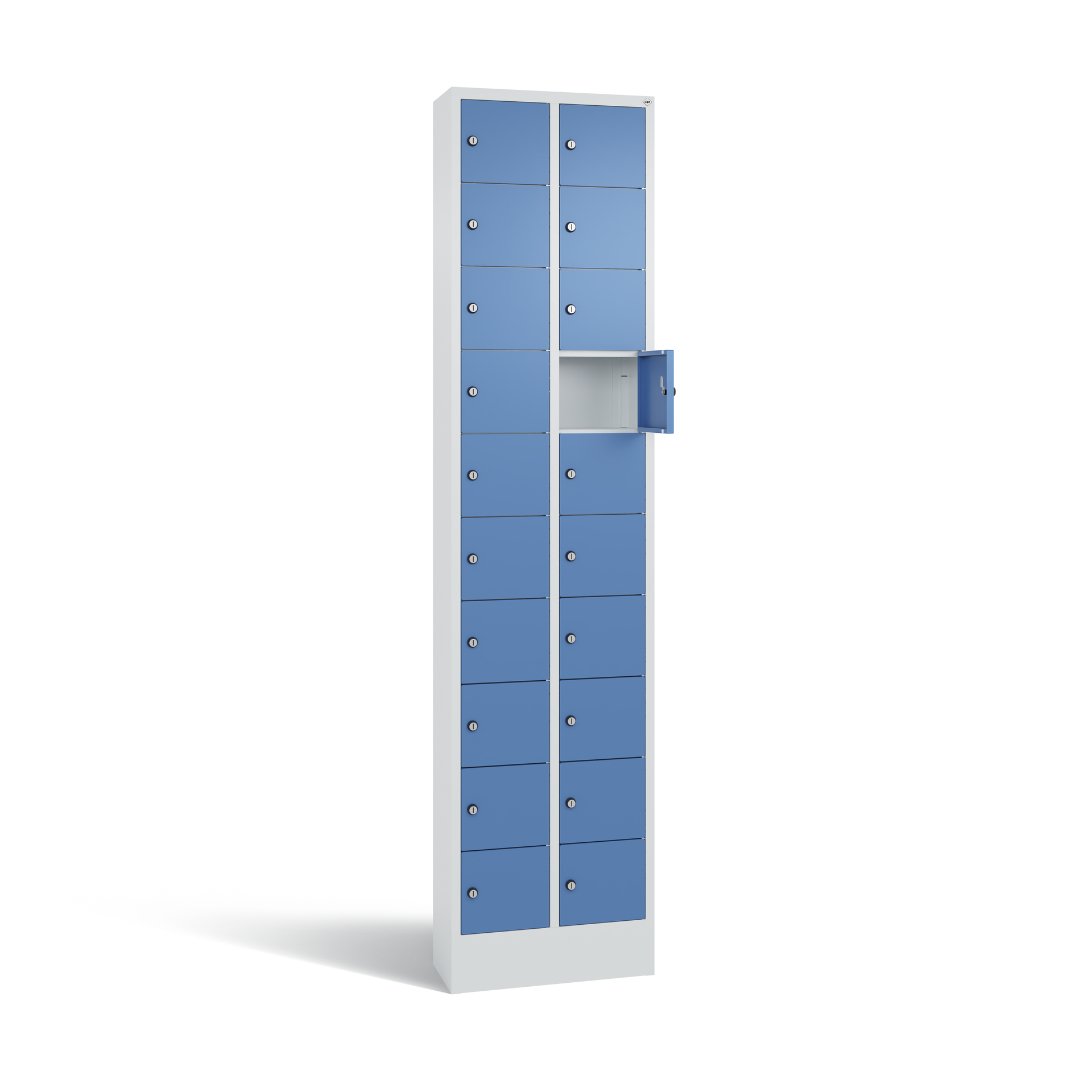 Blauer Metallschließfachschrank mit offener Tür in weißem Raum.