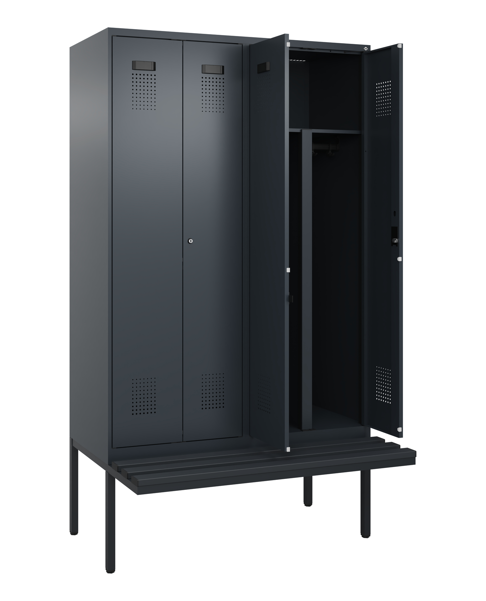 C+P PSA Schwarz-Weiß-Spind Evolo PLUS, Bank, 4 Abteile, 2120x1200x815mm