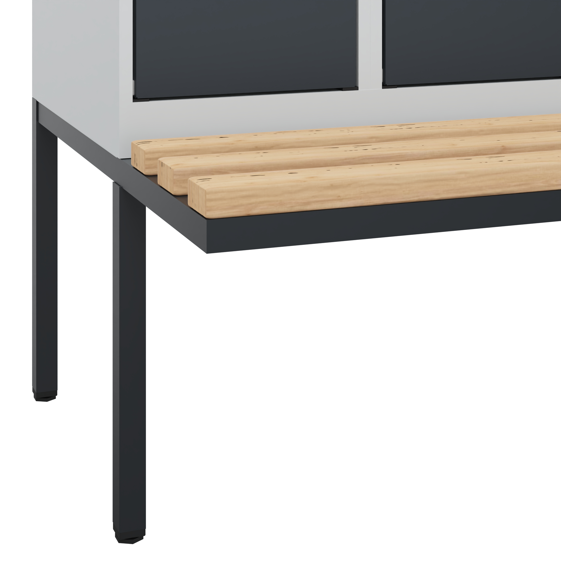 Holzbank steht vor schwarzen Schließfächern in Umkleideraum.