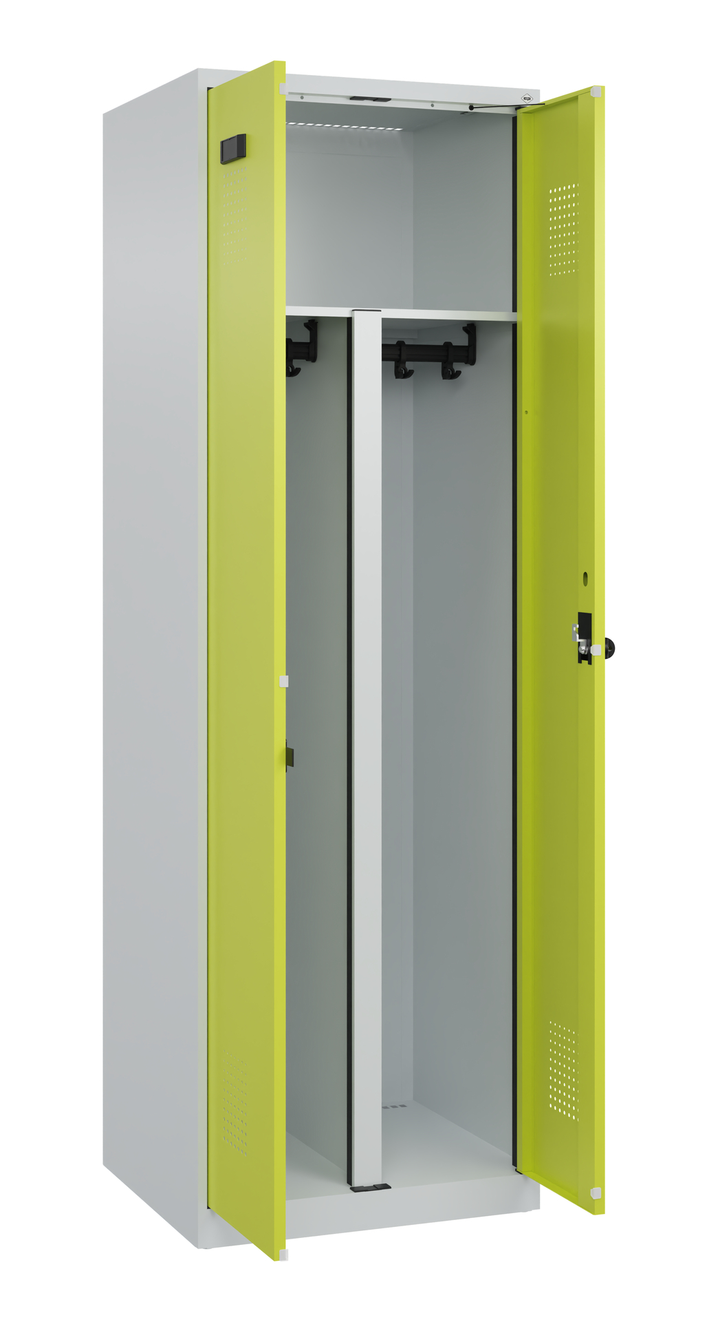 Spind mit gelben Türen steht offen in weißem Raum.