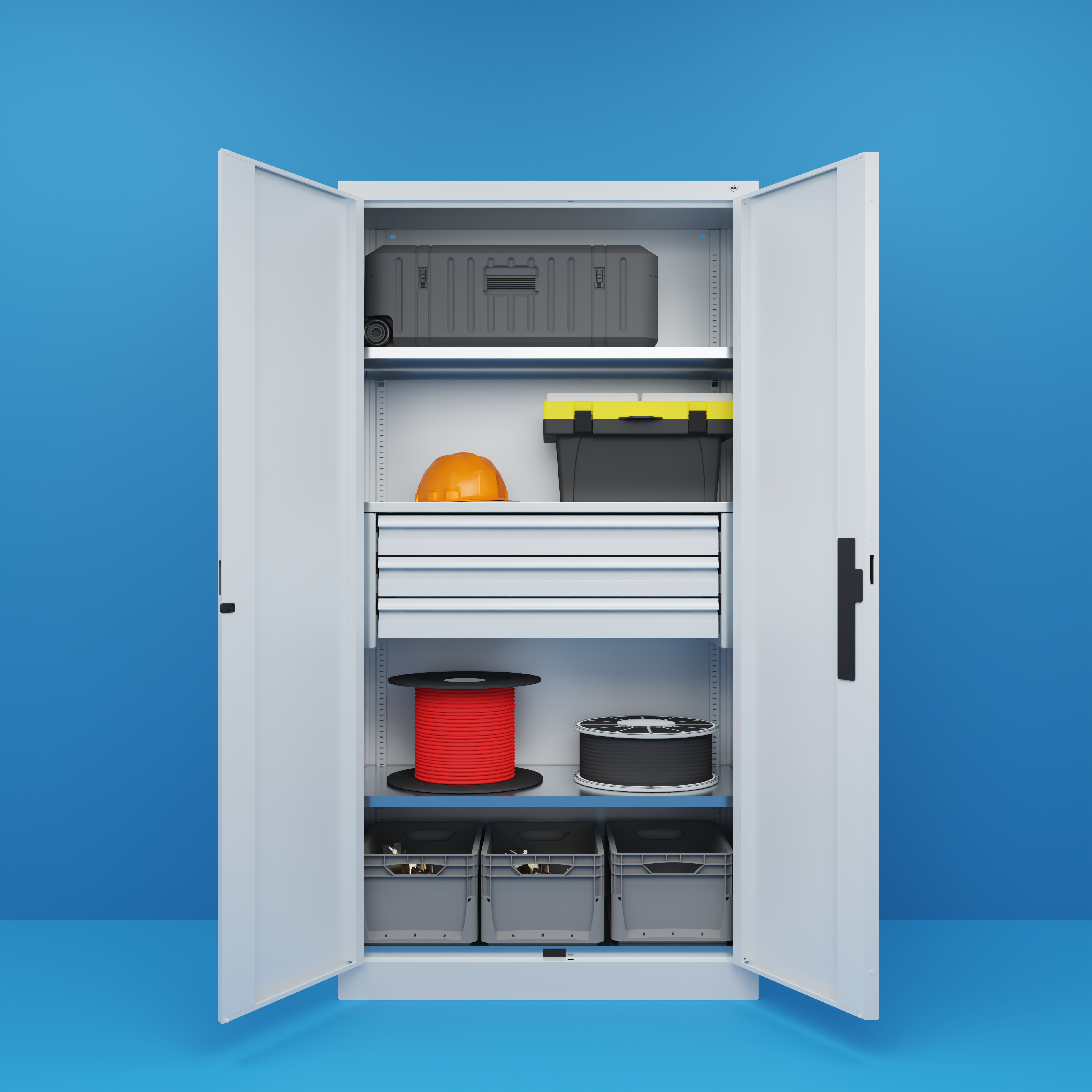 Armoire à outils à portes battantes avec tiroirs