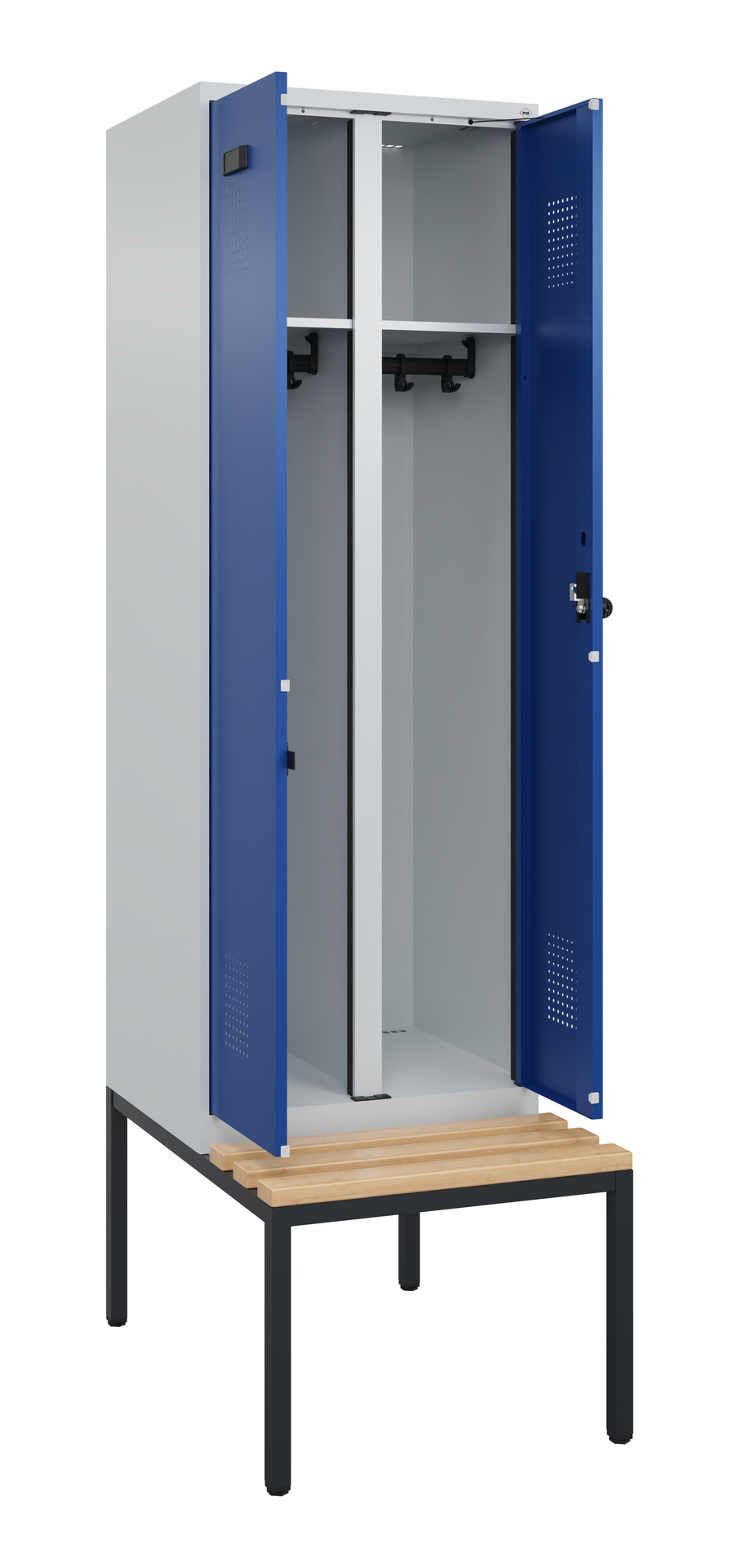 Metallschrank mit blauen Türen geöffnet, zeigt leere Fächer auf Holzbank.