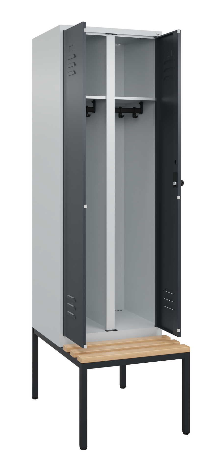 Grauer Spind öffnet Türen in Umkleideraum mit Holzbank.