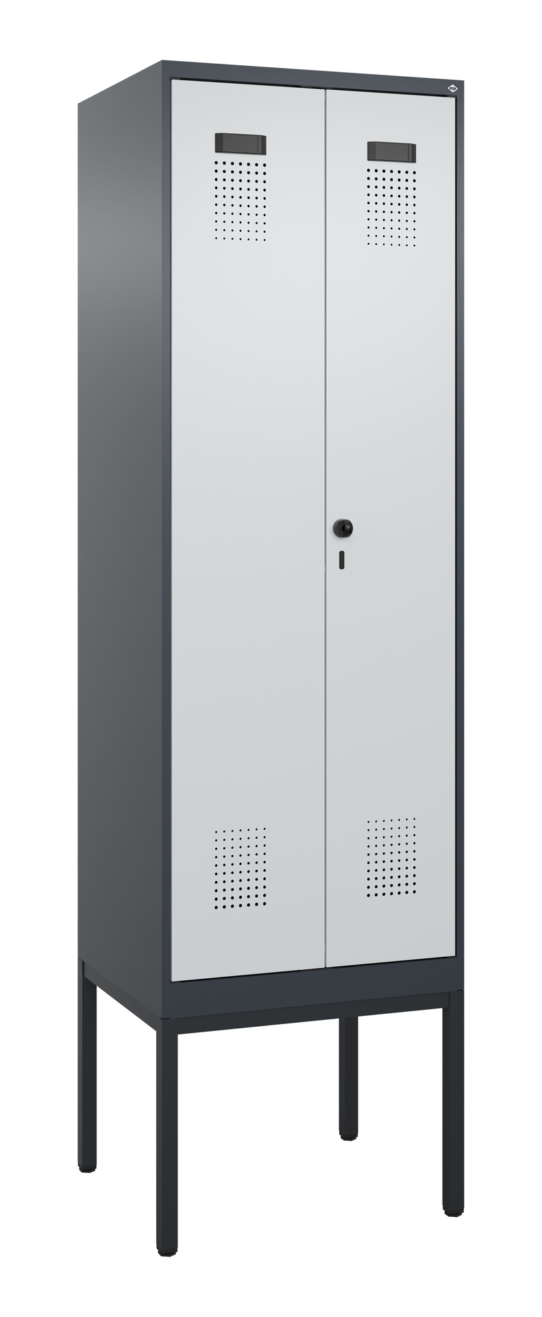 Metallschrank steht auf schwarzen Beinen in neutralem Hintergrund.