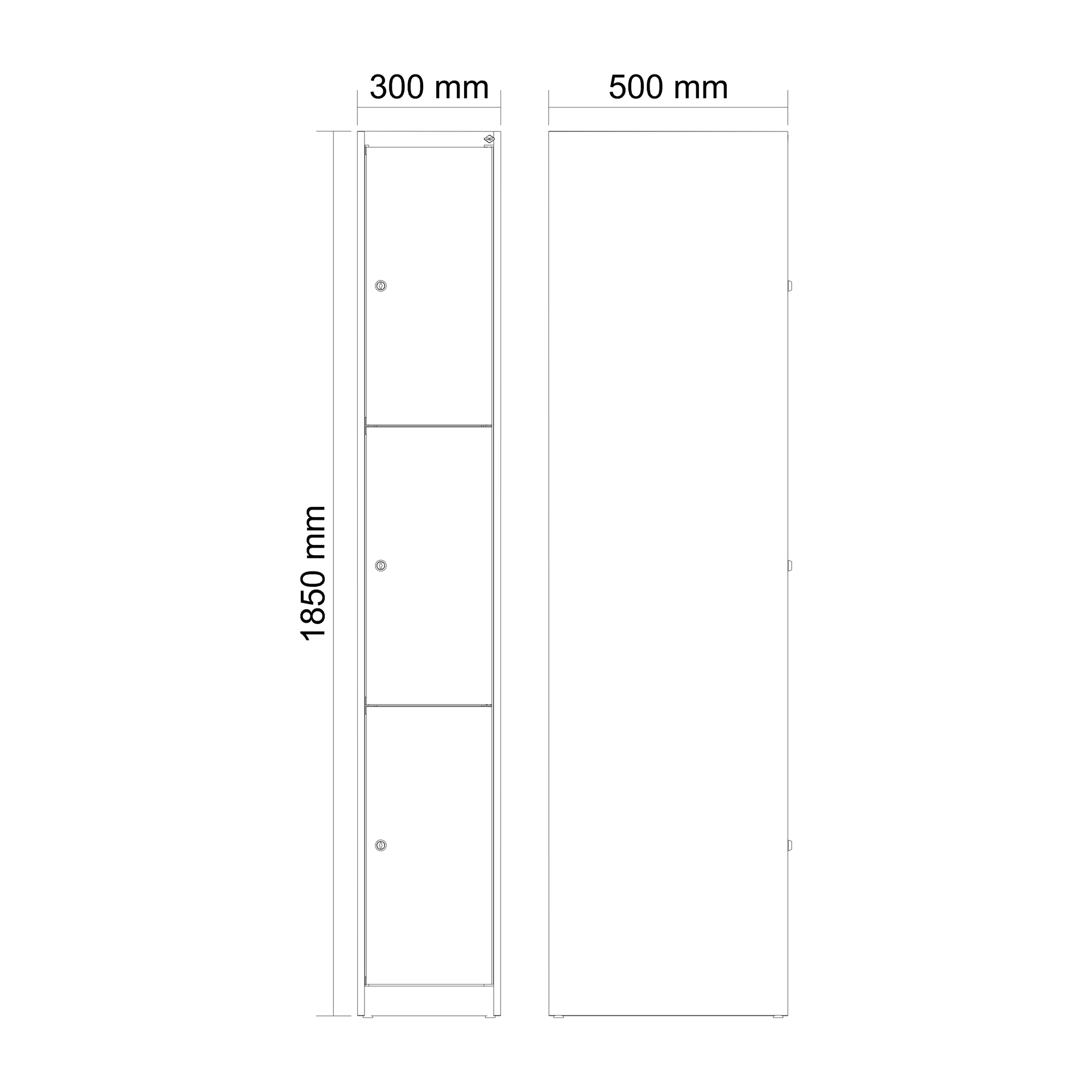 Schrankzeichnung, zwei Ansichten, Bemaßung 1850x500x300 mm, Vorder- und Seitenansicht.