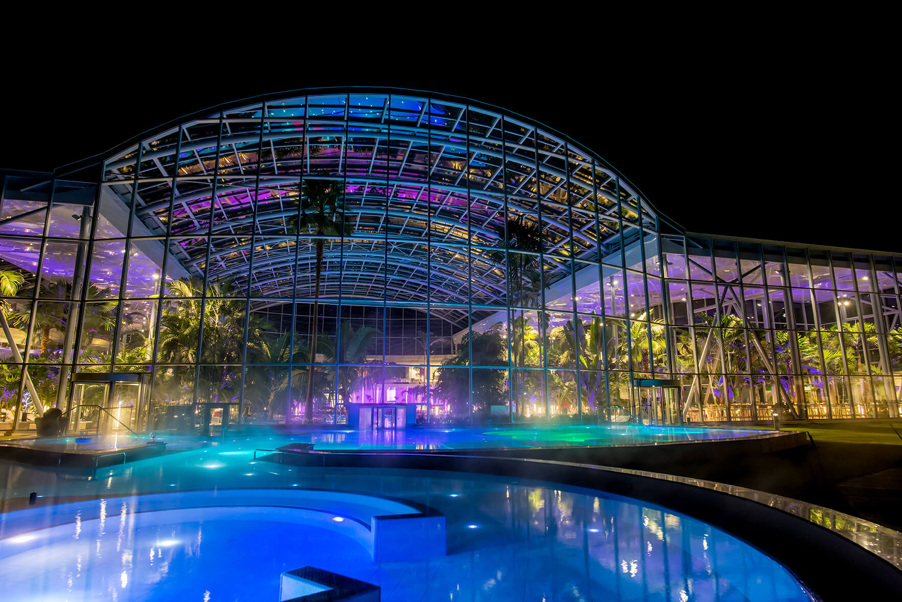 Glasgebäude mit Palmen, nachts beleuchtet, bunte Lichter im Hintergrund.