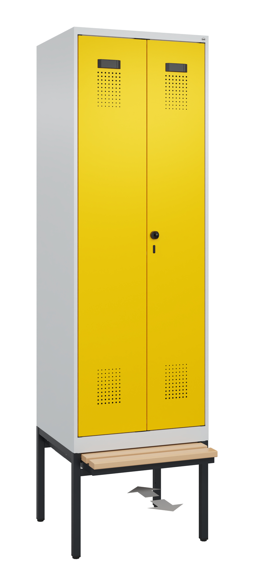 C+P PSA Schwarz-Weiß-Spind Evolo PLUS, Bank, 2 Abteile, 2120x600x815mm