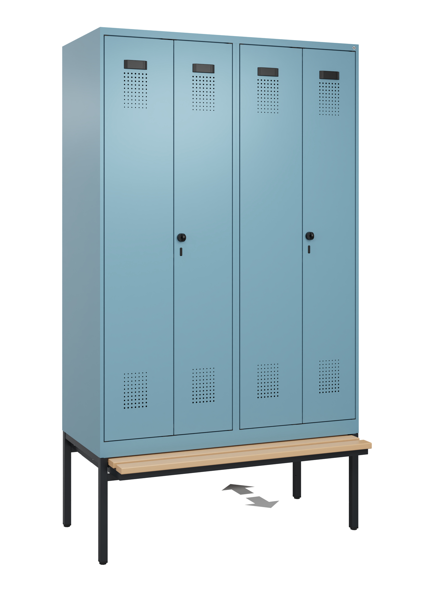 C+P PSA Schwarz-Weiß-Spind Evolo PLUS, Bank, 4 Abteile, 2120x1200x815mm