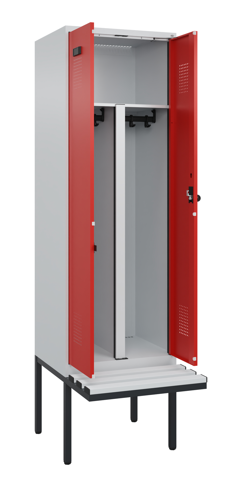 C+P PSA Schwarz-Weiß-Spind Evolo PLUS, Bank, 2 Abteile, 2120x600x815mm