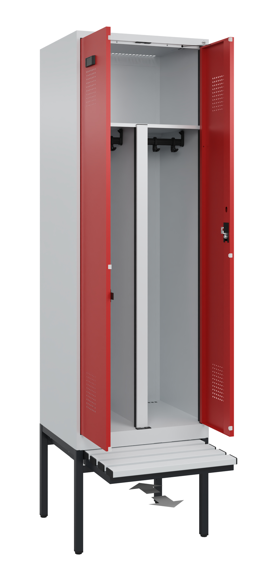 C+P PSA Schwarz-Weiß-Spind Evolo PLUS, Bank, 2 Abteile, 2120x600x815mm