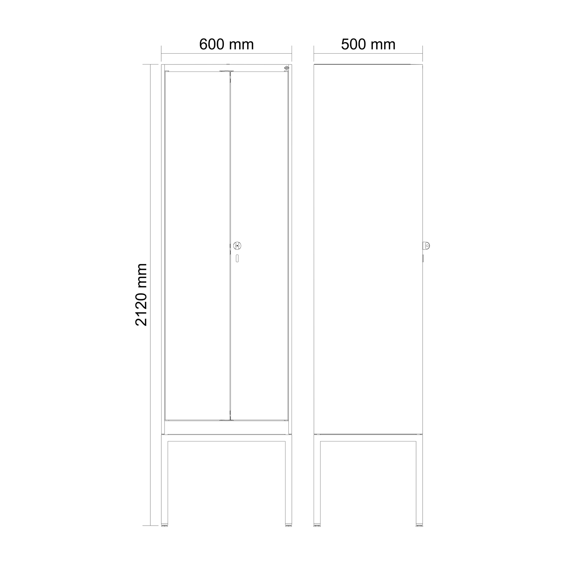 Montageskizze von Metallschrank, zeigt Vorderansicht und Seitenansicht.