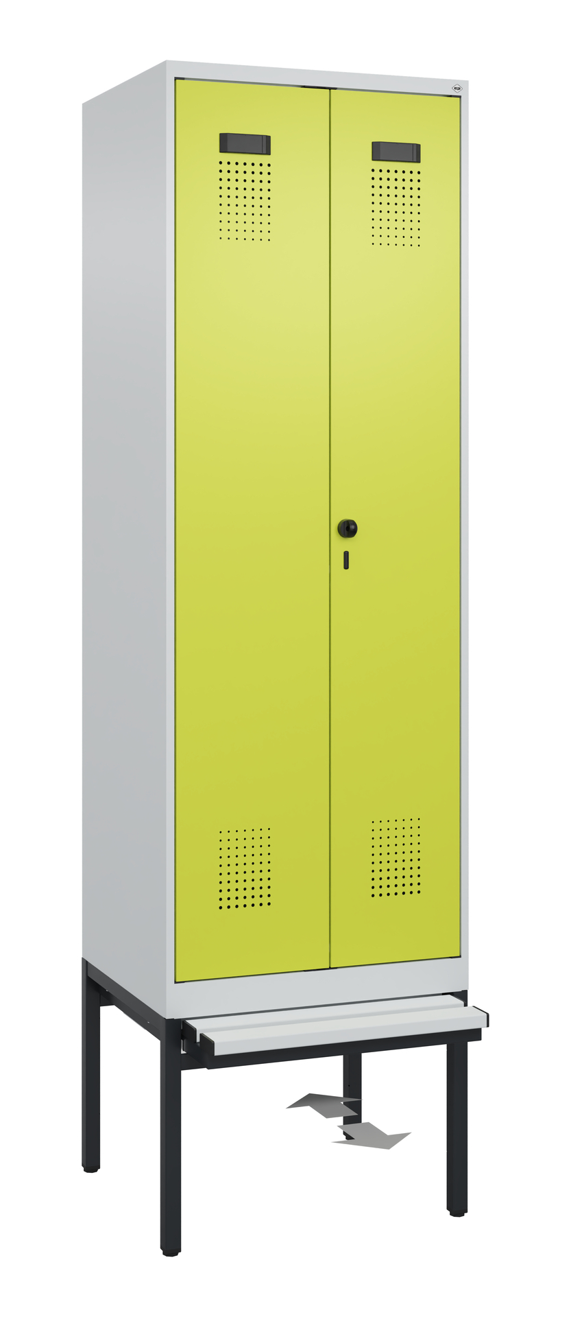 C+P PSA Schwarz-Weiß-Spind Evolo PLUS, Bank, 2 Abteile, 2120x600x815mm