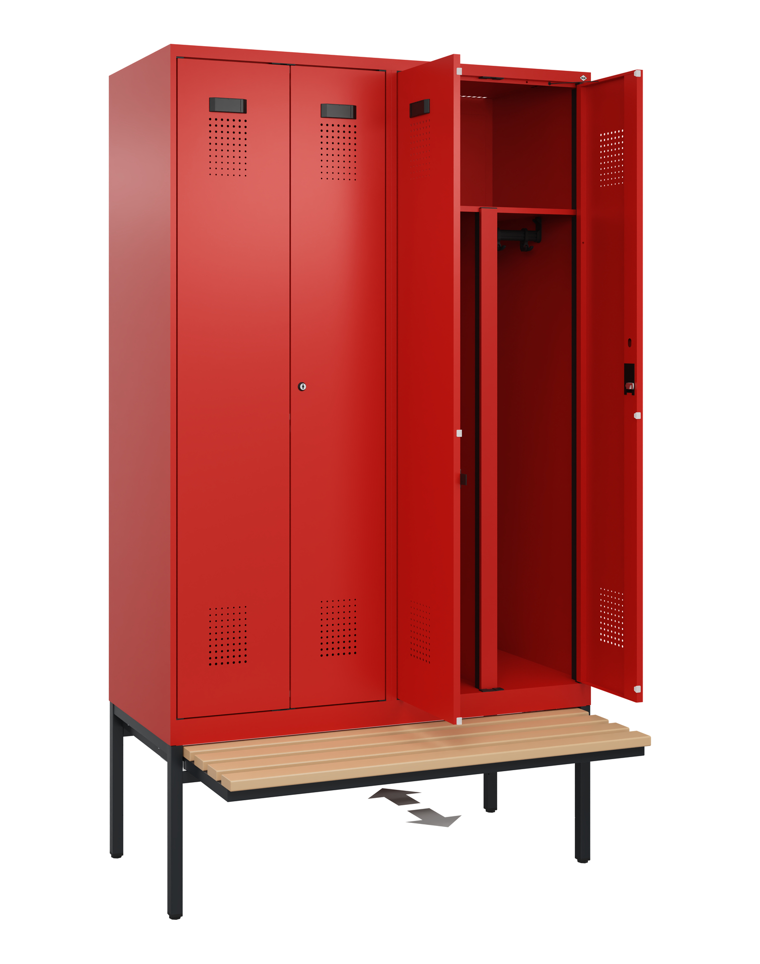 C+P PSA Schwarz-Weiß-Spind Evolo PLUS, Bank, 4 Abteile, 2120x1200x815mm