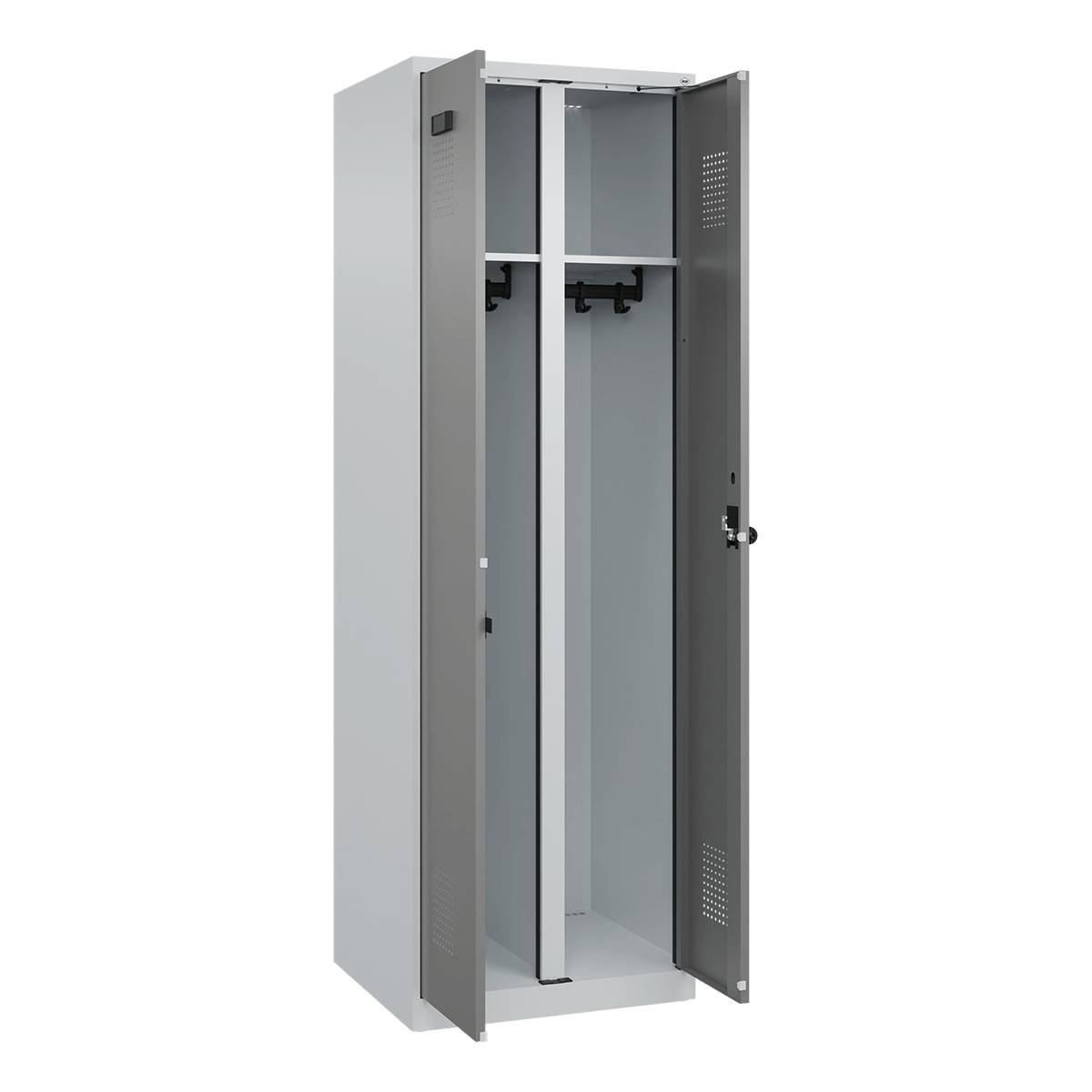 Metallschrank mit offenen Türen, zeigt Innenraum, in leerem Raum.