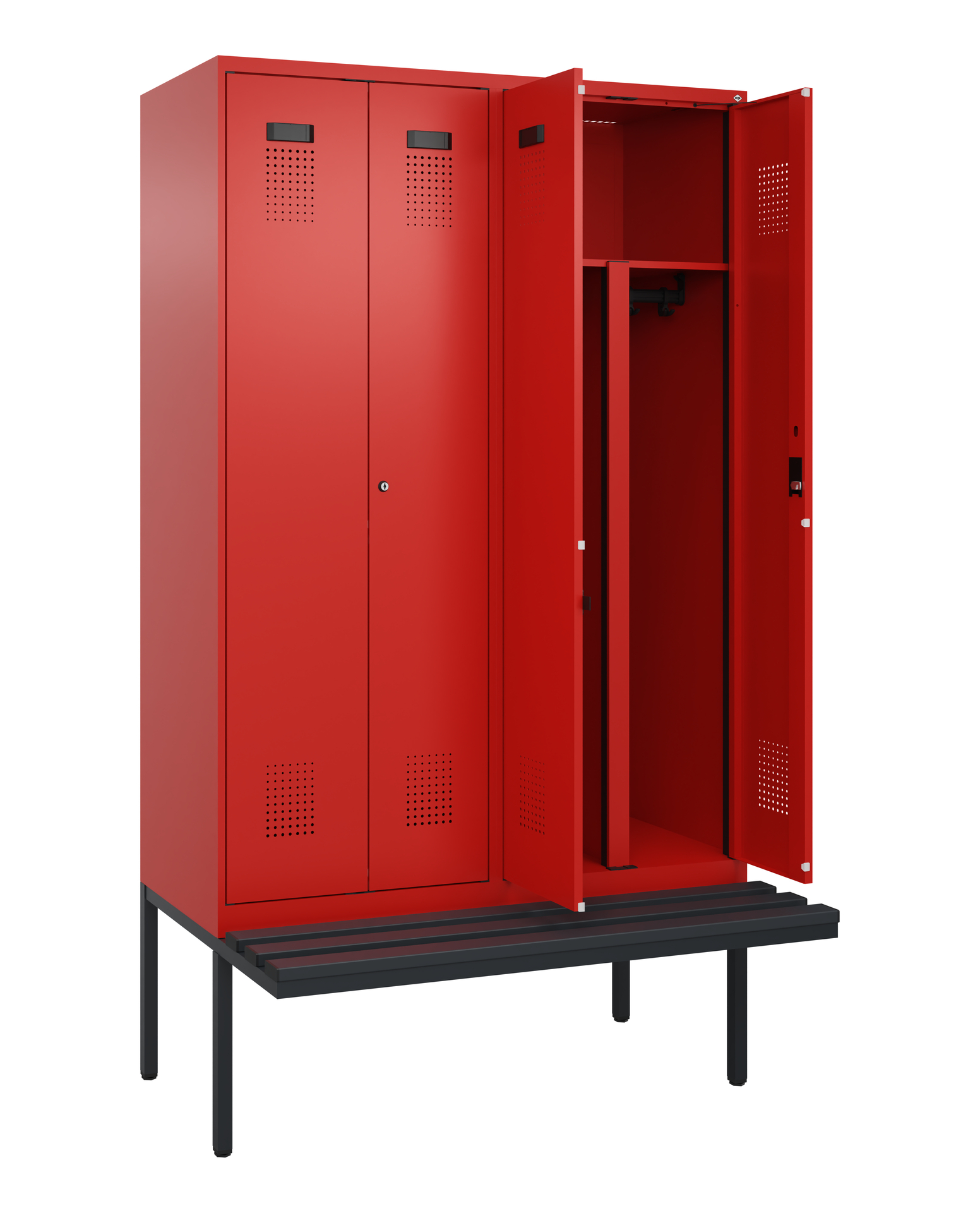 C+P PSA Schwarz-Weiß-Spind Evolo PLUS, Bank, 4 Abteile, 2120x1200x815mm