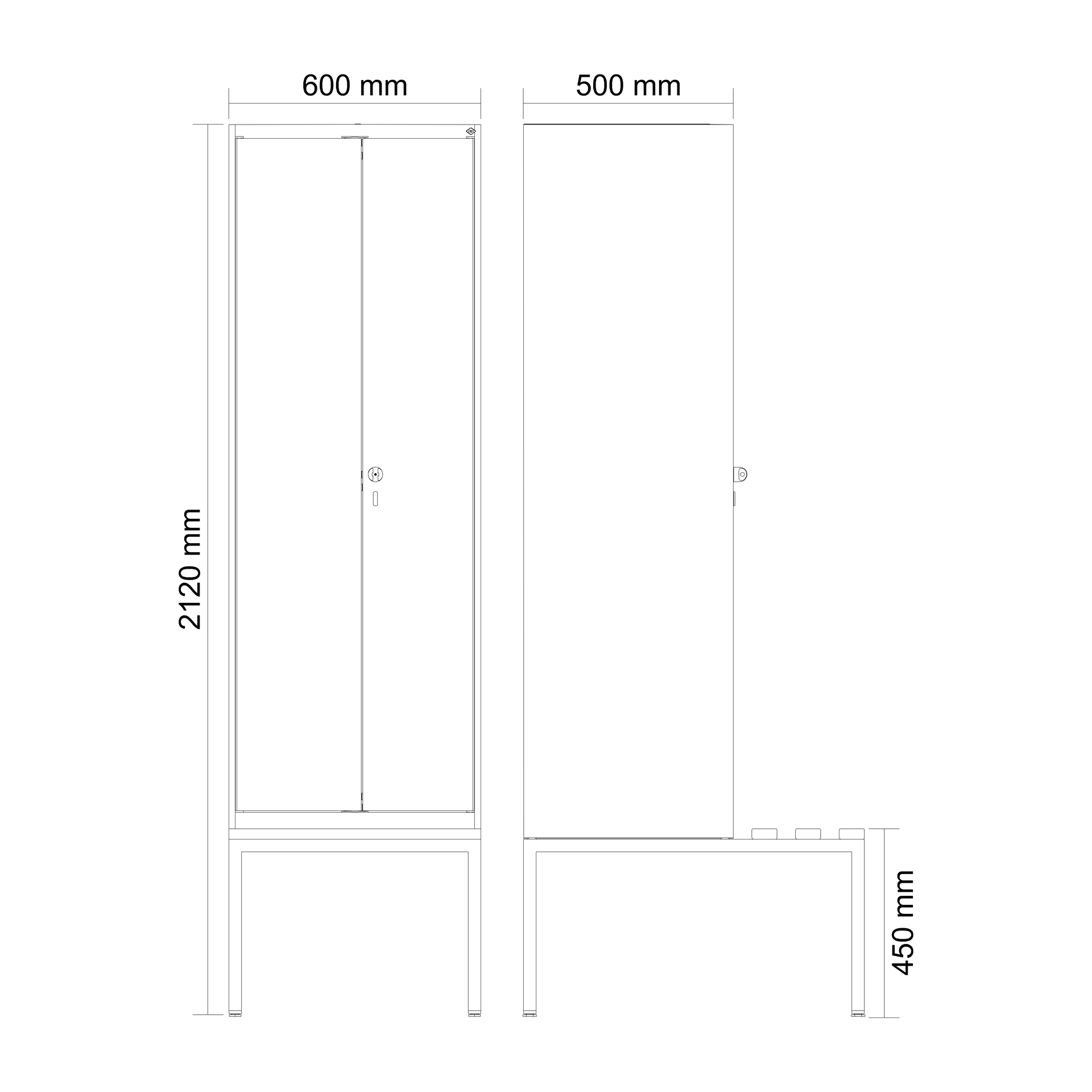 Zwei Schrankzeichnungen mit Maßen 2120x600x500 mm, Seiten- und Frontansicht.