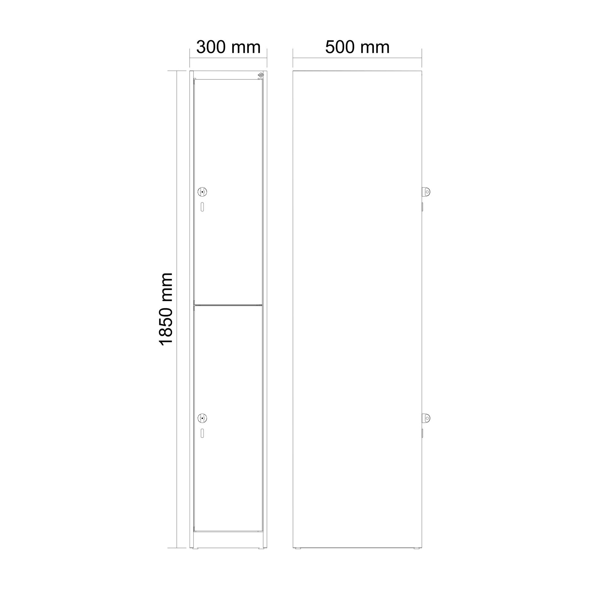 Schrankzeichnung, zeigt Maße 300 mm, 500 mm, 1850 mm, Front- und Seitenansicht.