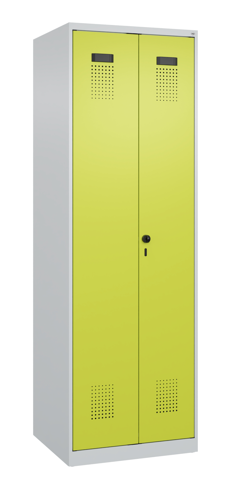 Gelber Schrank mit Lüftungsschlitzen in weißem Raum.