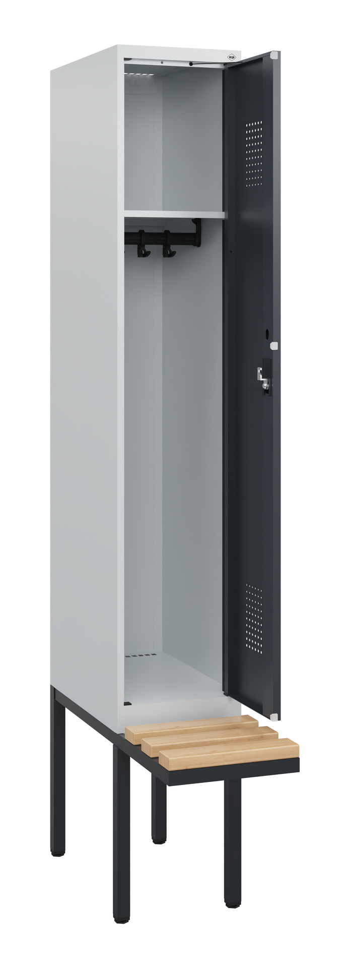 Metallschrank mit offener Tür, zeigt Innenraum und hölzerne Sitzbank.