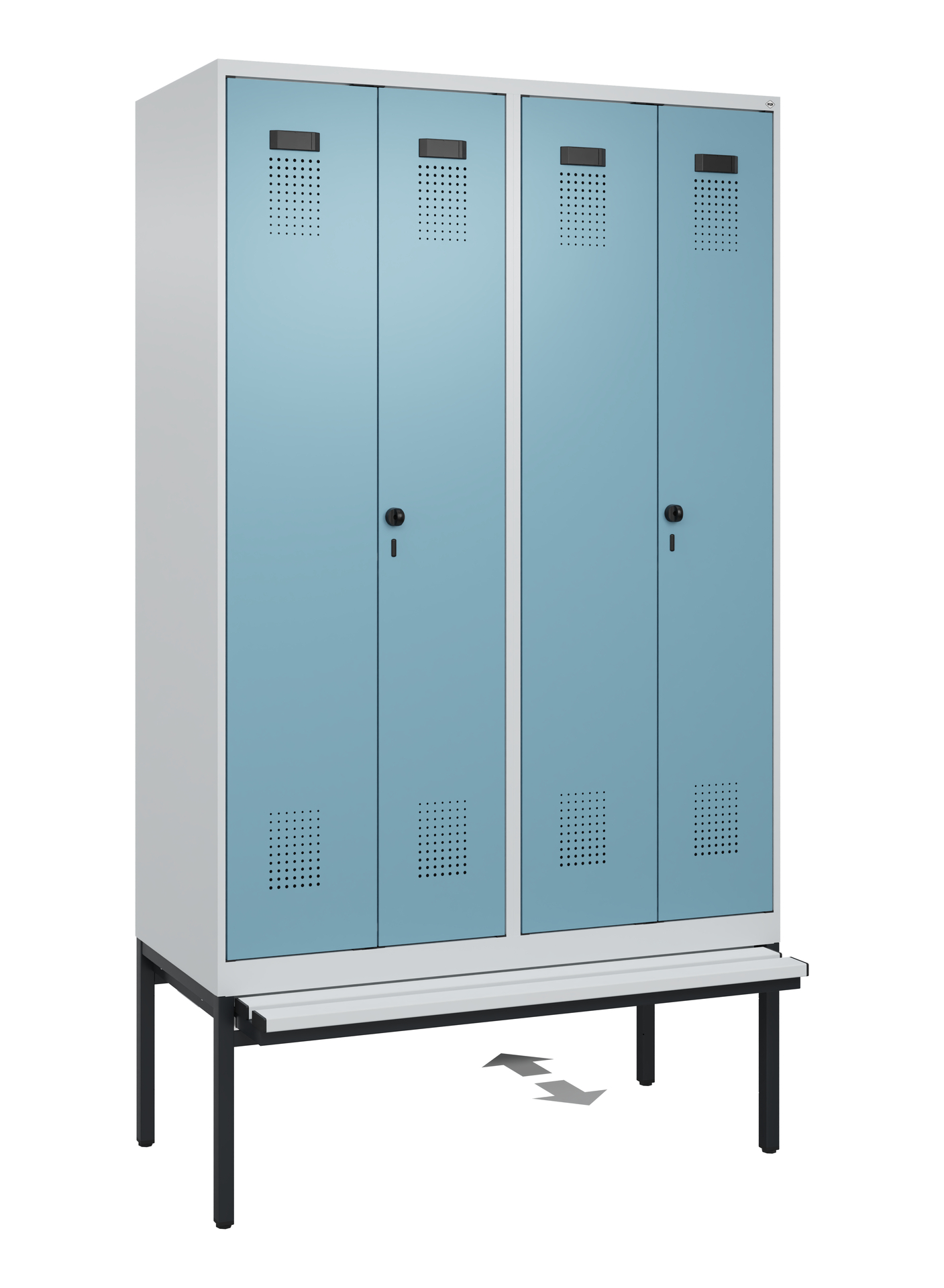 C+P PSA Schwarz-Weiß-Spind Evolo PLUS, Bank, 4 Abteile, 2120x1200x815mm