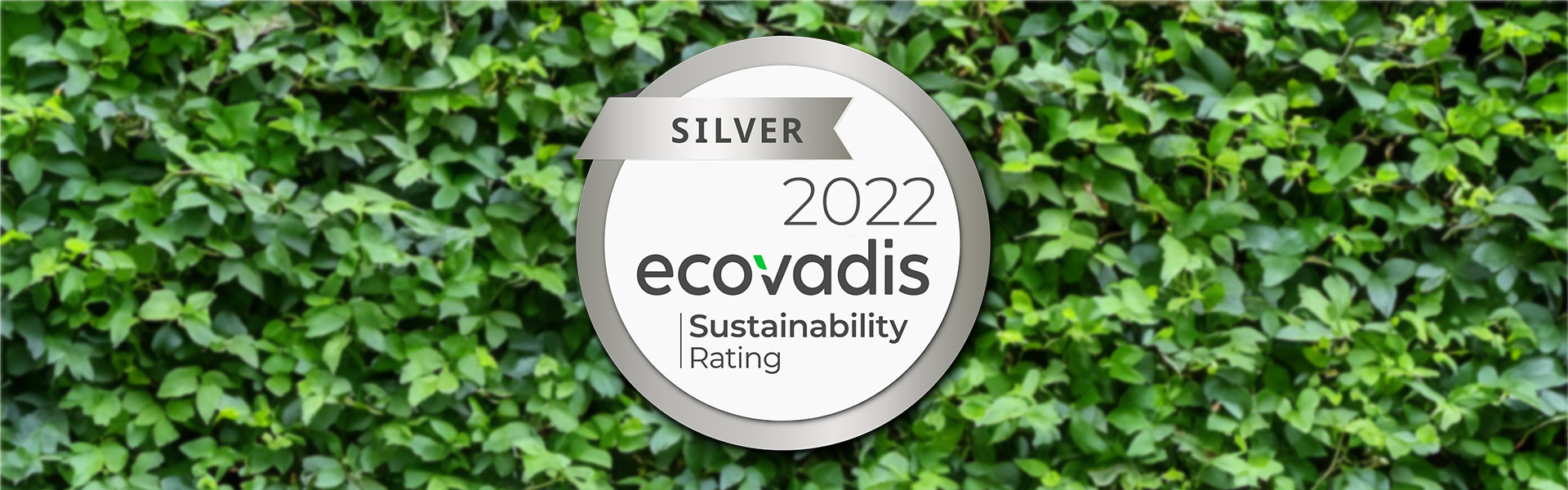 Silberne Ecovadis 2022 Plakette, Nachhaltigkeitsbewertung, vor grünen Blättern.